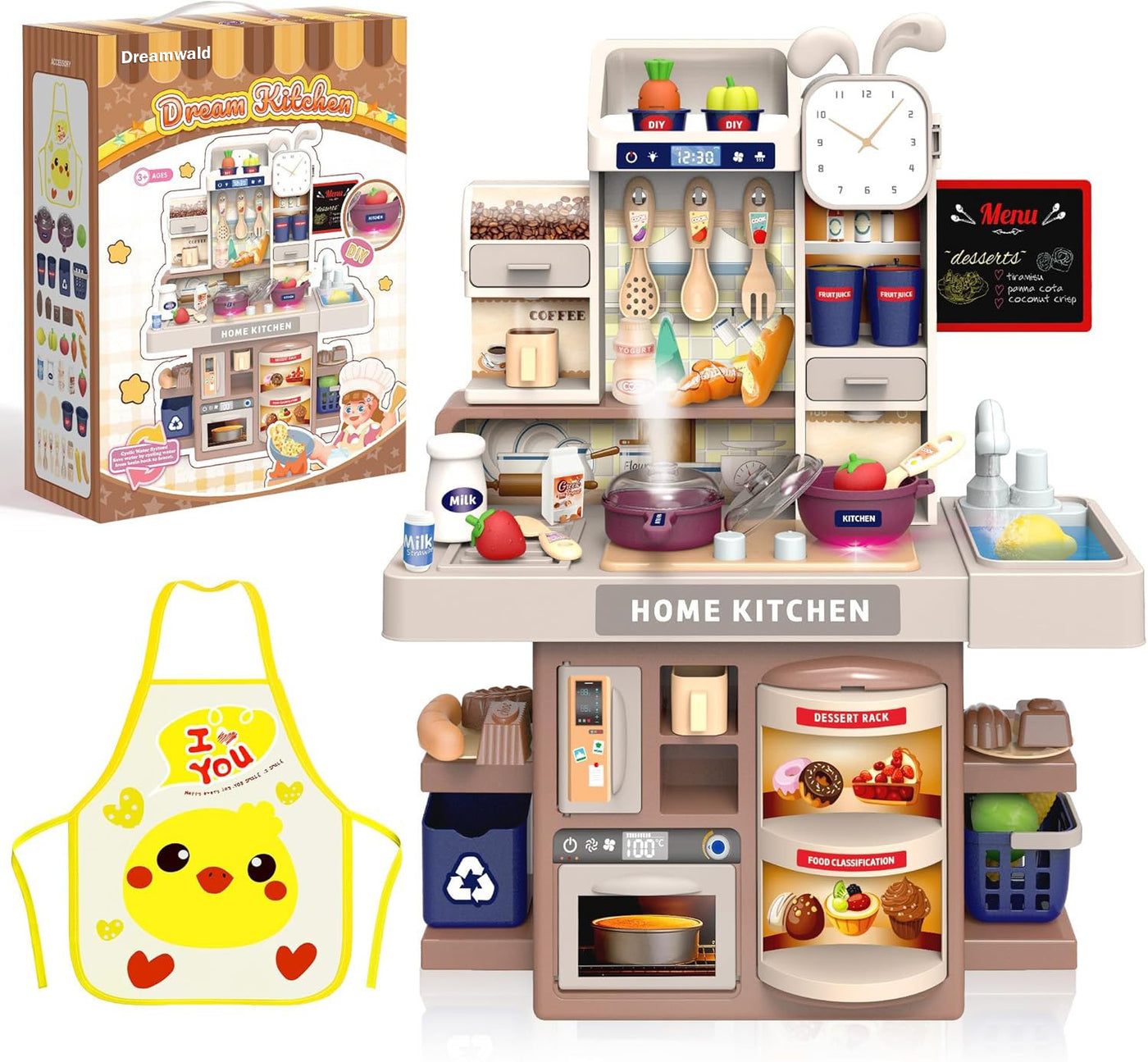 Dreamwald Mini kids kitchen playset, Play Kitchen Toy with Realistic Steam and Lights, Pretend Play Gift for Toddlers 3-5 Boys Girls (Grey)