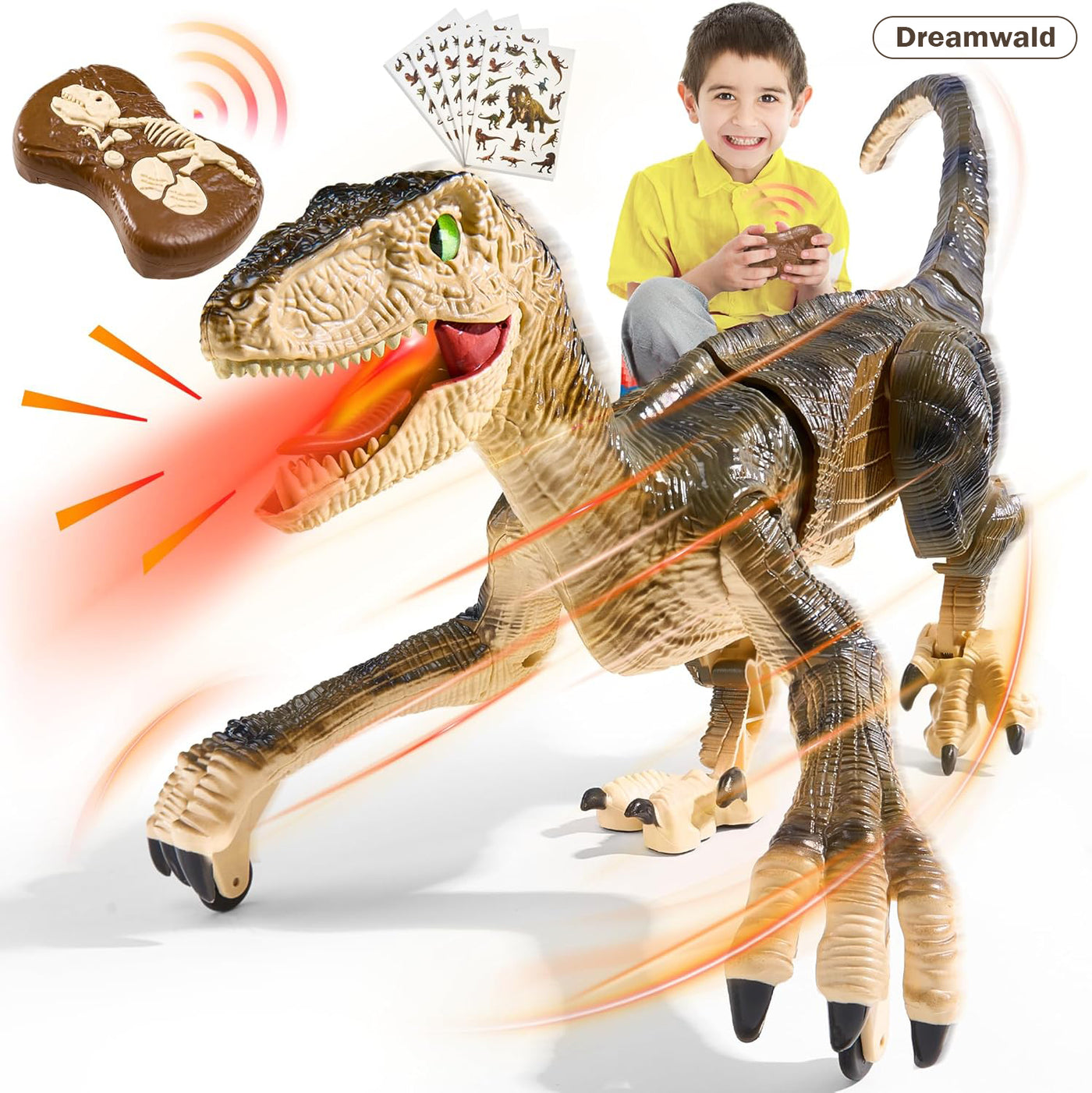 Dreamwald Dinosaur Toys for Kids 3-7 with Stickers, Remote Control Dinosaurs Toys for 3-8 Year Old Boys Gifts (Brown)