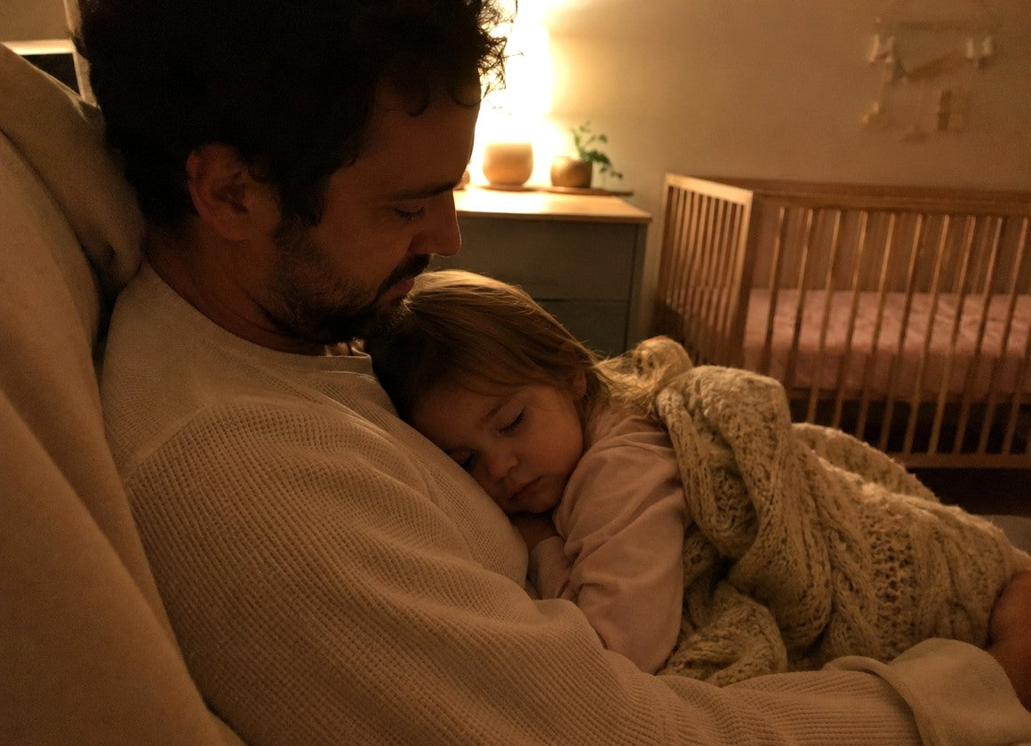 Parent holding a sleeping child in a warm nursery at night