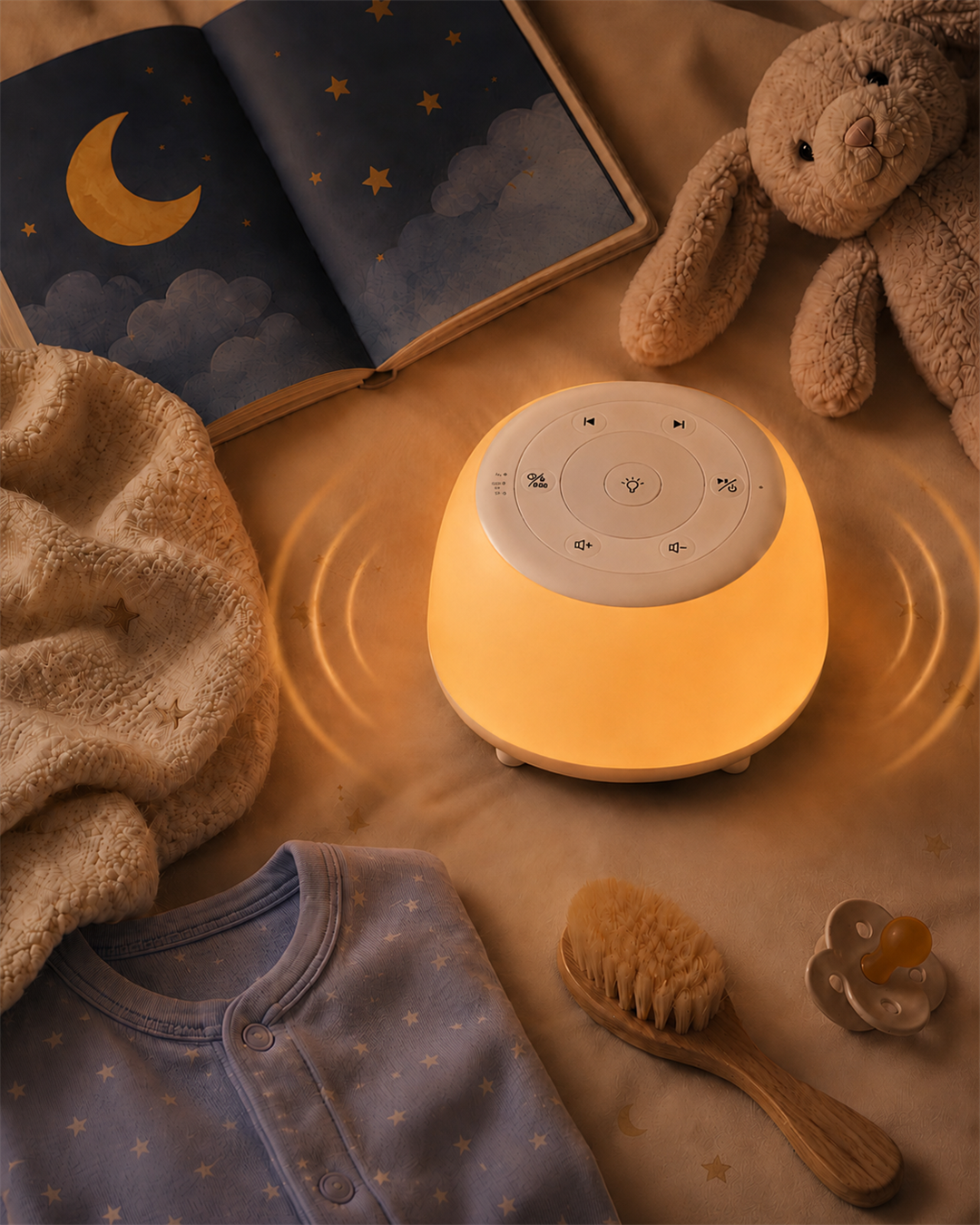 HEYAXA sleep device in a calm nursery routine with sound and soft light
