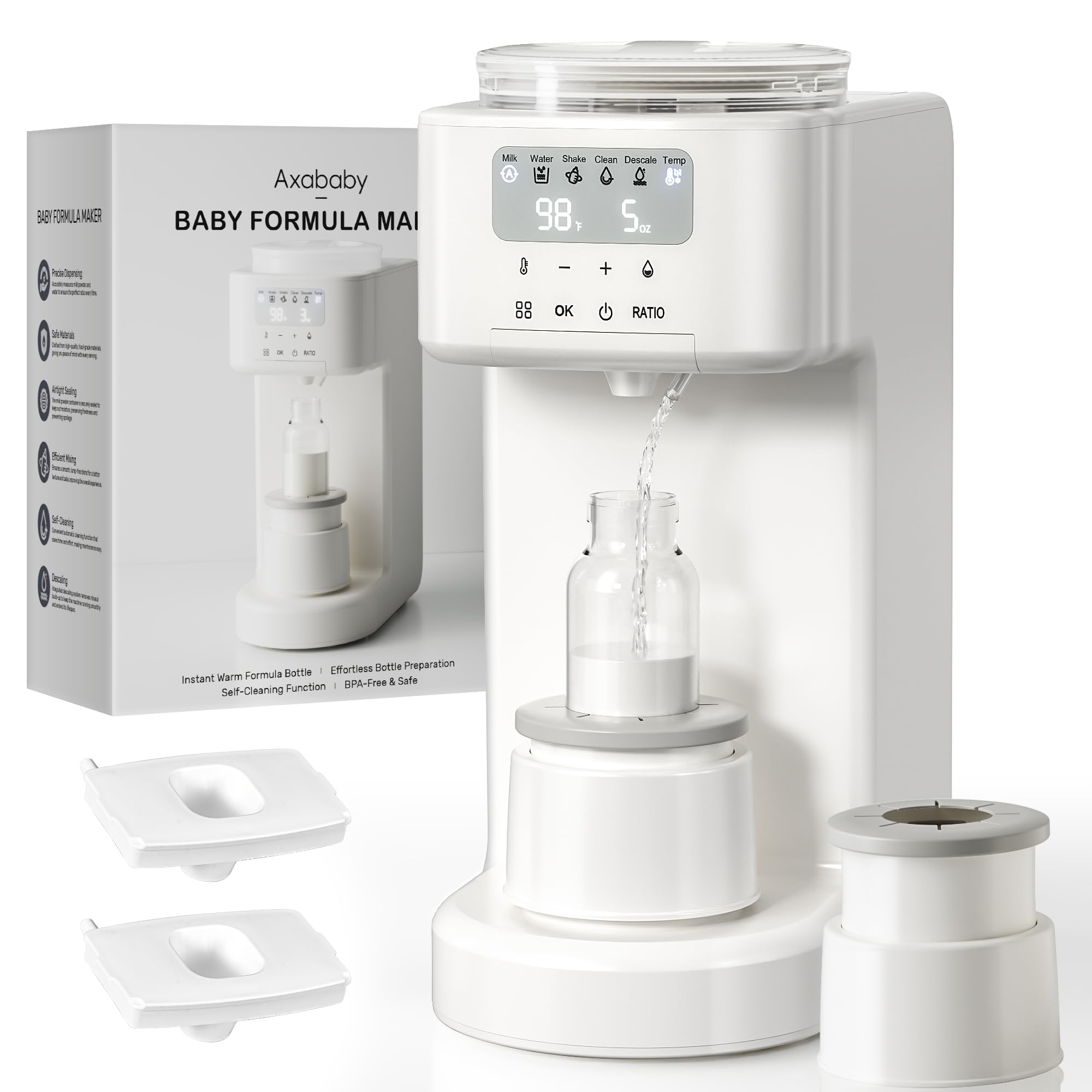 Axababy formula maker front view with bottle