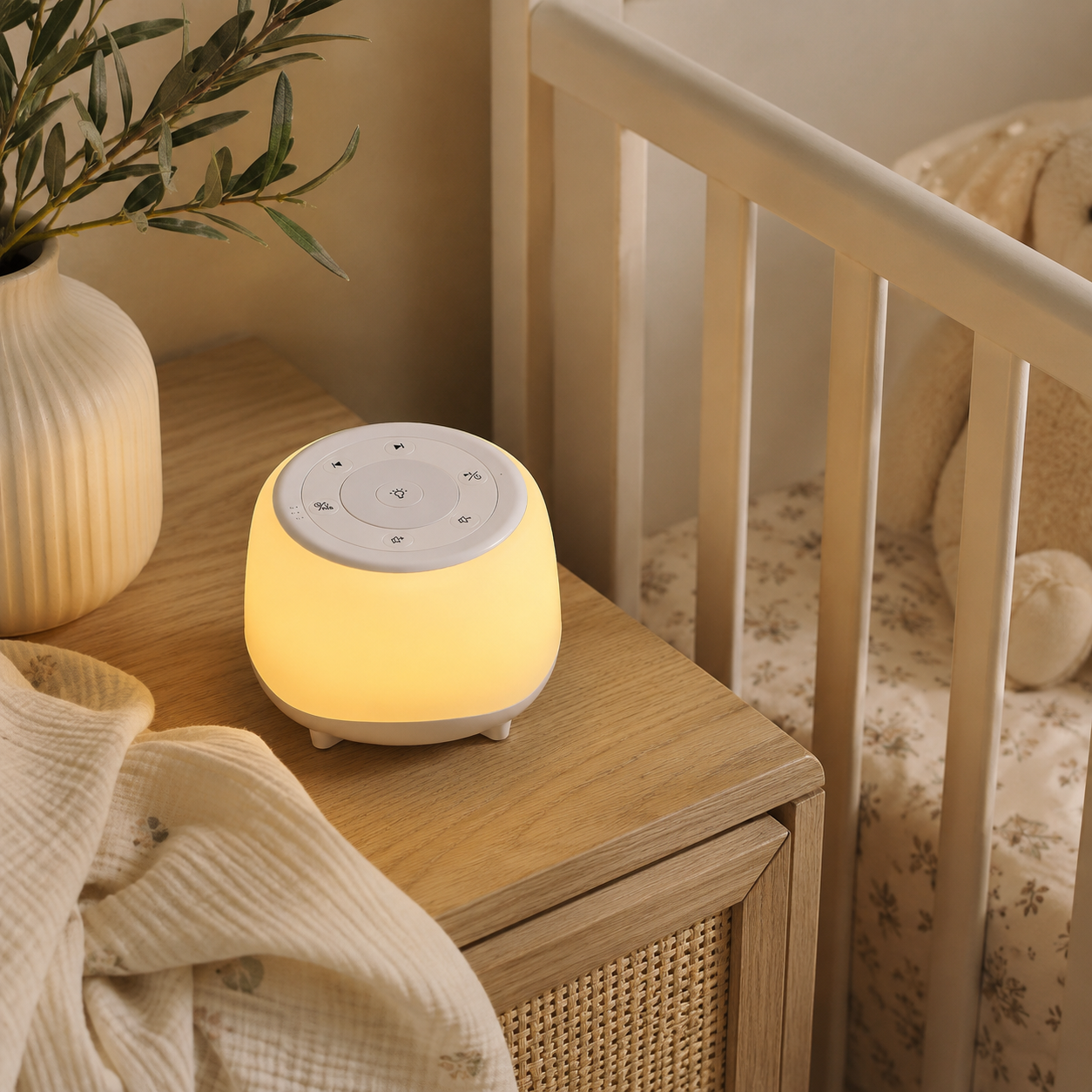 HEYAXA white noise sound machine with soft night light in a calm nursery setting
