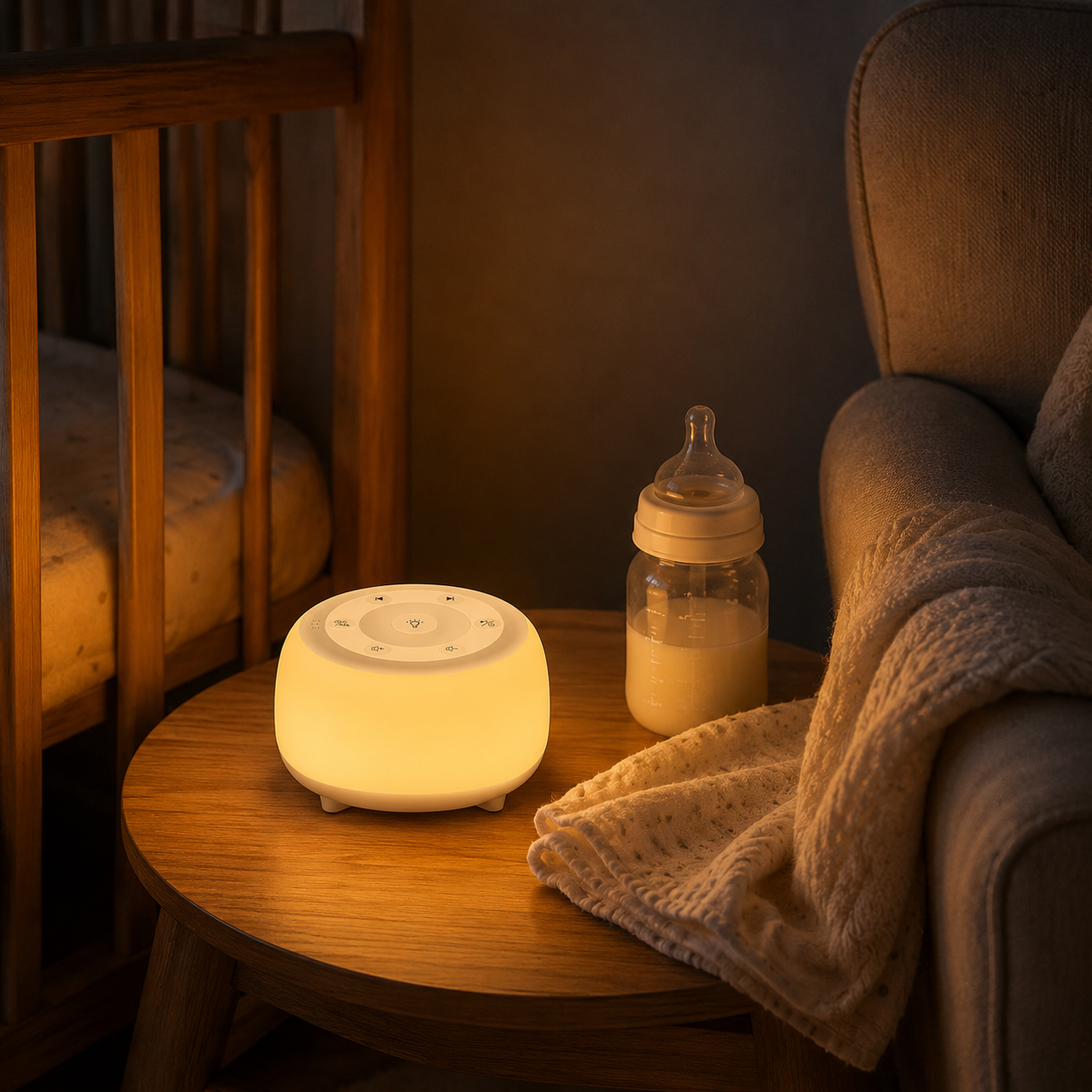HEYAXA white noise sound machine glowing softly for night feeds and check-ins