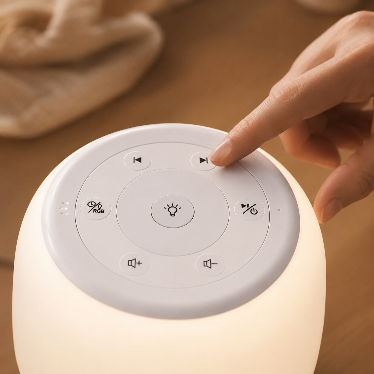 Close-up of HEYAXA white noise sound machine top control panel