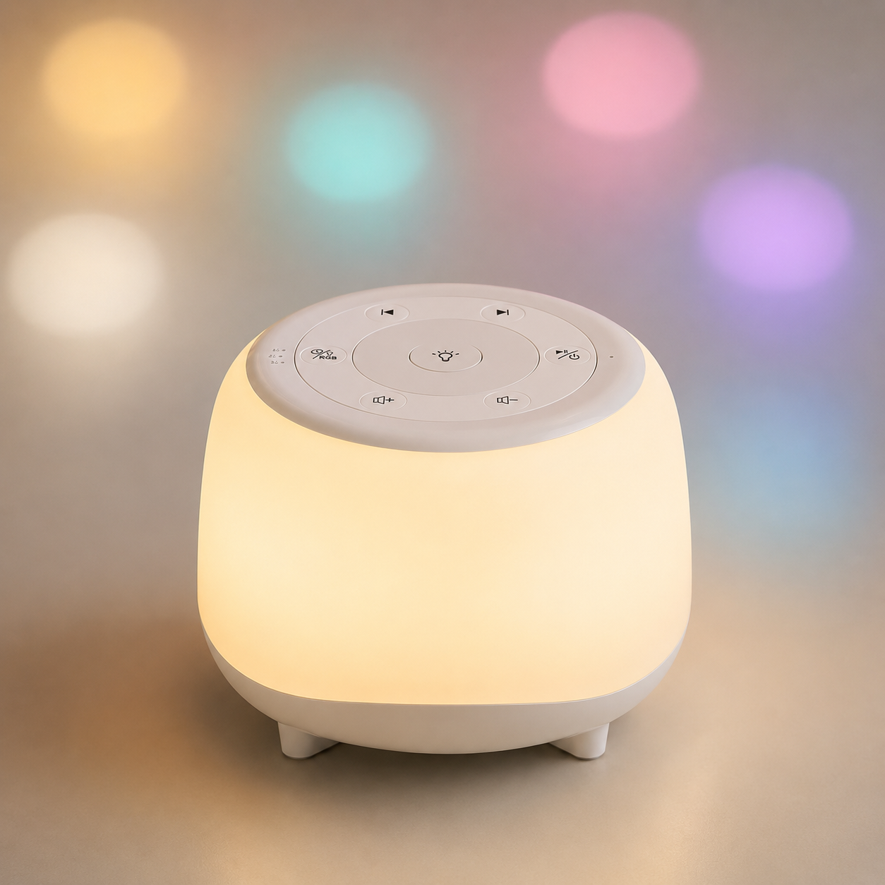 HEYAXA white noise sound machine showing soft night light color options