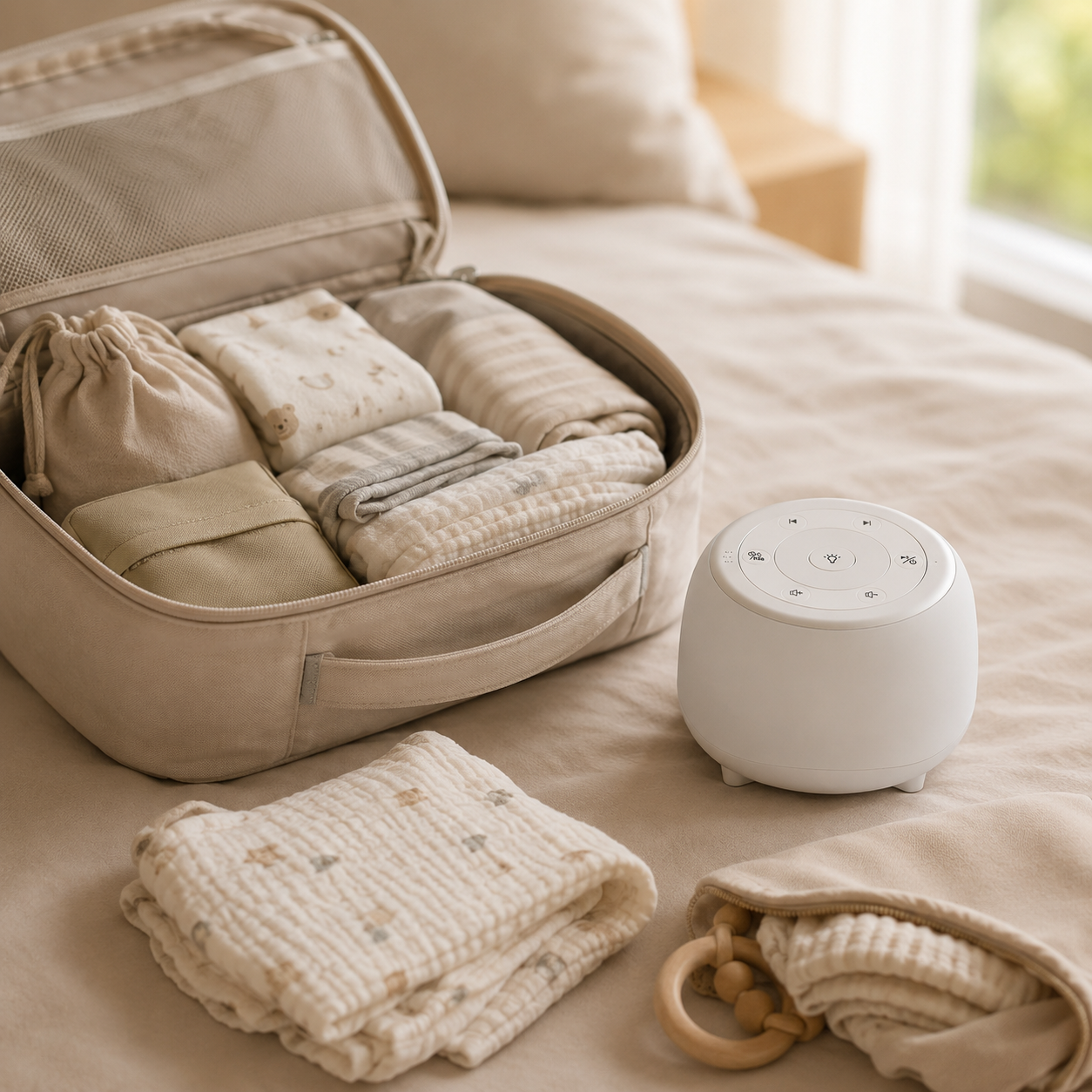 HEYAXA white noise sound machine packed for portable travel comfort